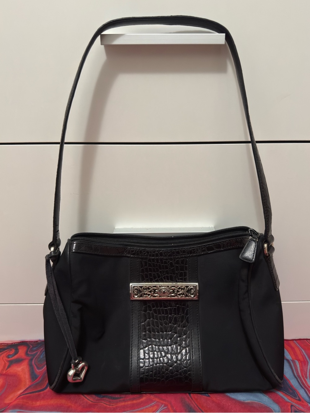 Vintage Brighton Black Microfiber Croc Embossed Shoulder Bag